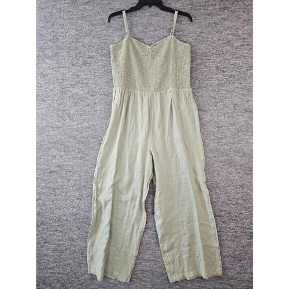 Faherty Mandy Smocked Linen Jumpsuit Desert Sage XL - Picture 1 of 4
